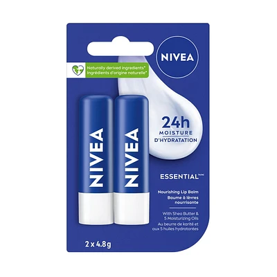 NIVEA Lip Care Essential, 24hr hydration, Enriched with<br>shea butter and 5 moisturizing oils, 2 x 4.8 g