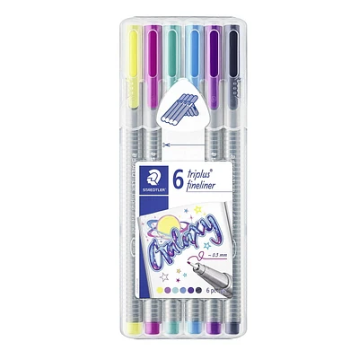 Staedtler triplus fineliner, Super Fine Triangular Pens 0.3mm, Includes Easel Case for Home & Travel, 6 Galaxy Themed Colors, 334SB6CS11, 6pk fineliner glaxy