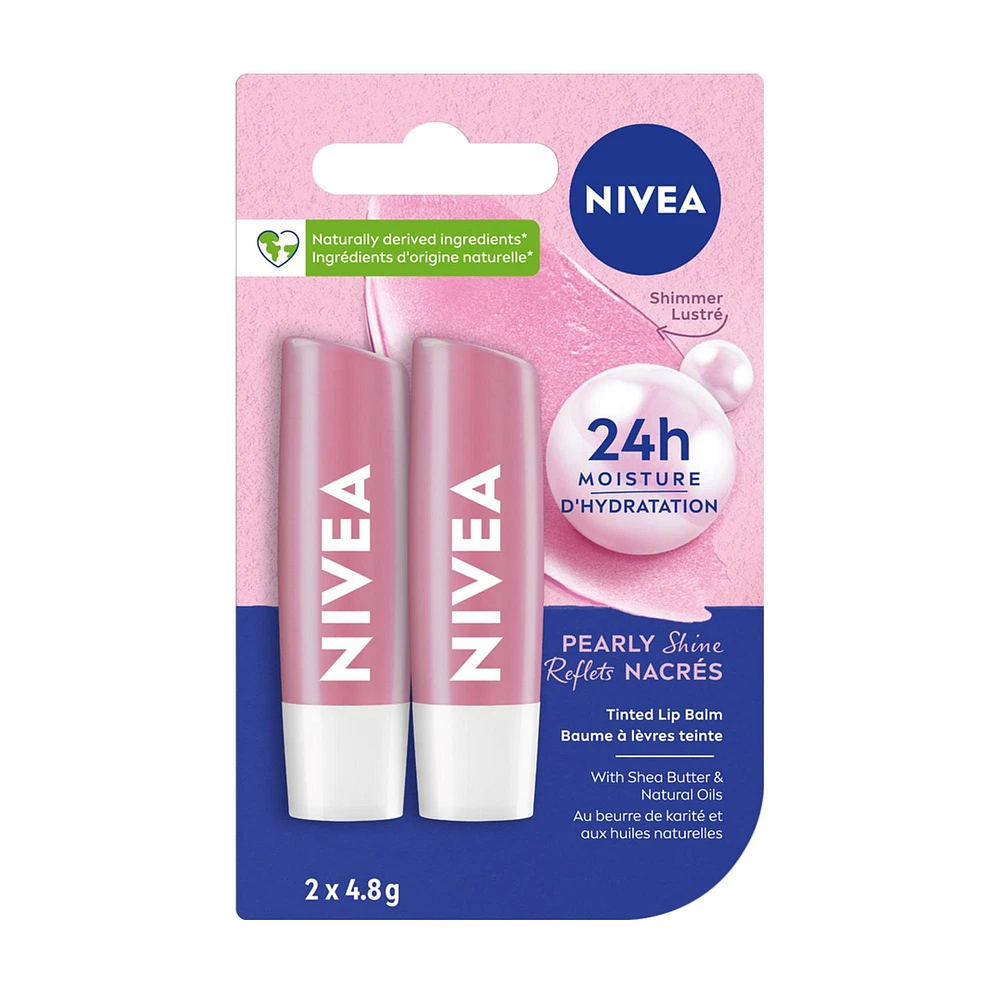 NIVEA Pearly Shine 24H Moisture Lip Balm Sticks, Duo Pack, 2 x 4.8g