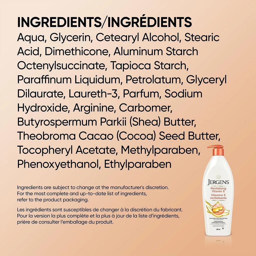 Hydratant pour le corps à la vitamine E revitalisante pour la peau sèche de Jergens 620 ml