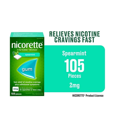 Nicorette Gum, Nicotine 2mg, Spearmint Flavour, Quit Smoking Aid and Smoking Cessation Aid, 105 Pieces