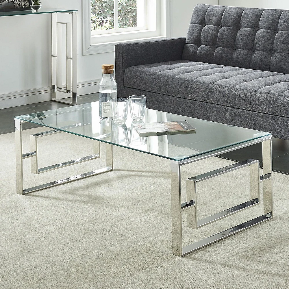 Contemporary Stainless Steel & Glass Coffee Table in Silver