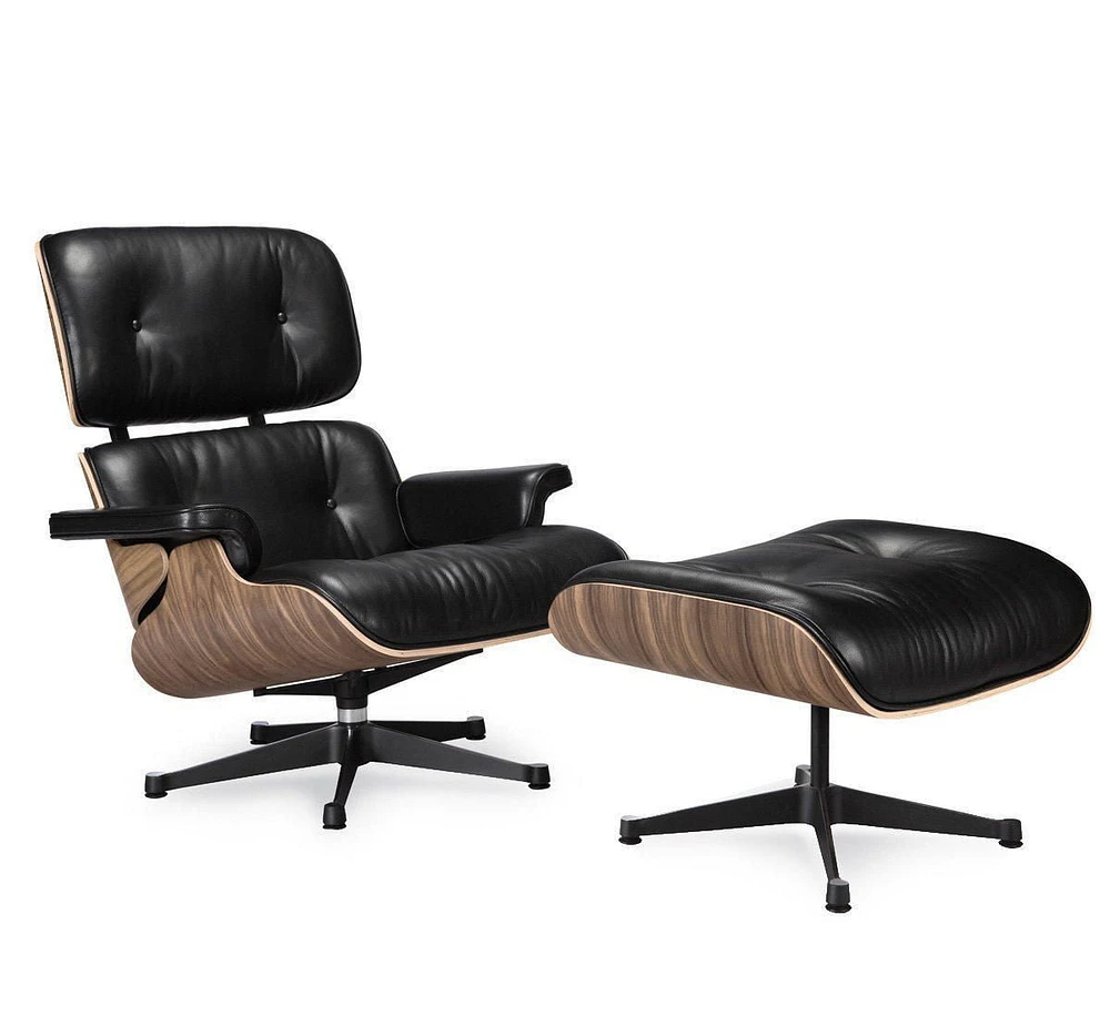 Nicer Furniture Modern Classic Lounge Chair and Ottoman Set, Black Genuine Leather with Walnut Finish