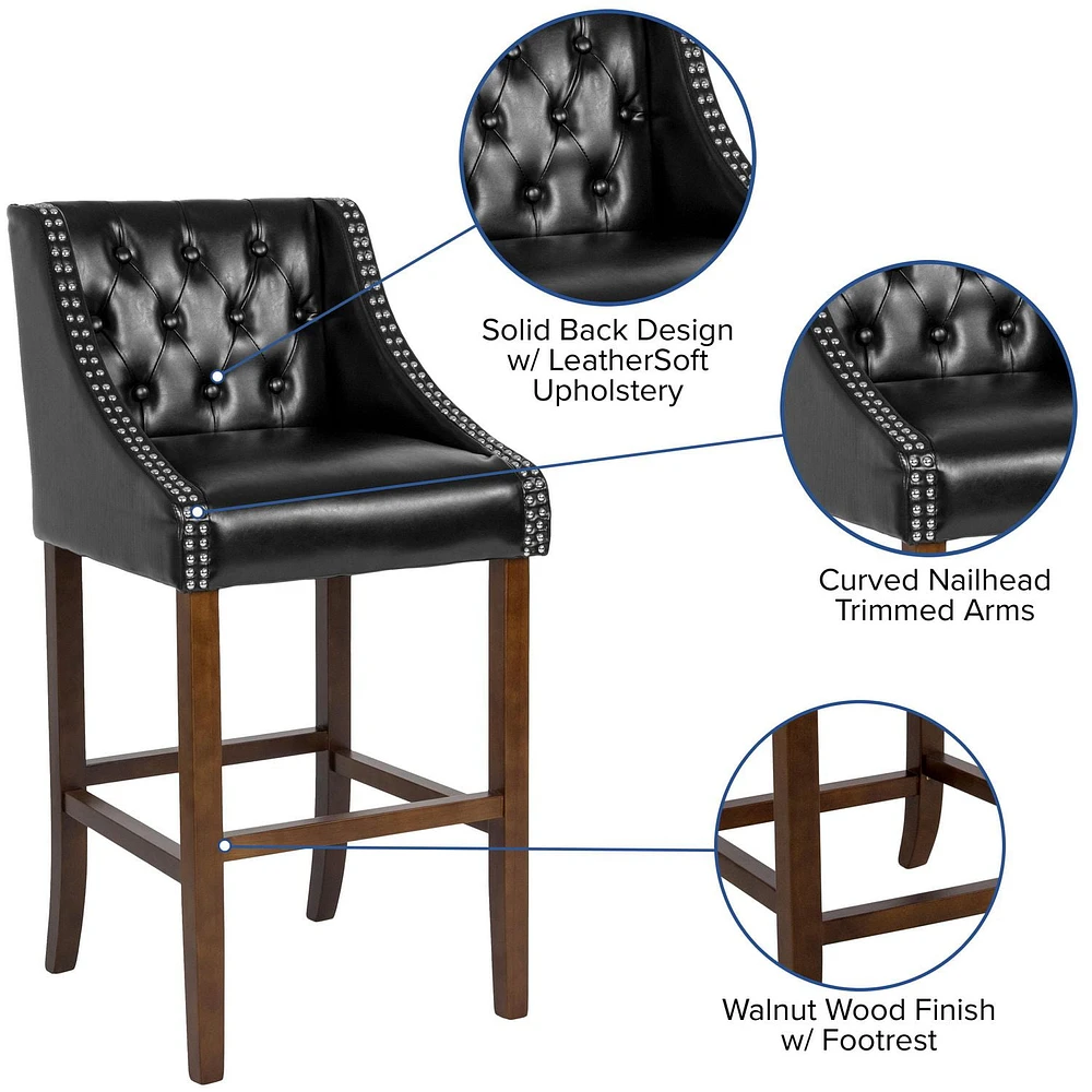 Carmel Series 30" High Transitional Tufted Walnut Barstool with Accent Nail Trim in Black Leather