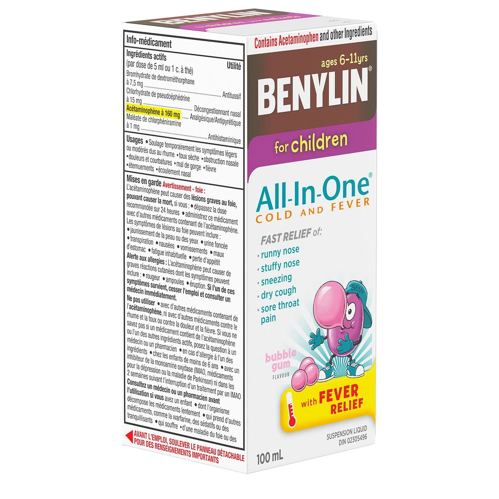 BENYLIN® Children's All-In-One Cold and Fever Liquid, Daytime,  Relieves Cold & Fever symptoms, 100mL, Bubble Gum Flavour, For ages 6-11yrs, 100 mL