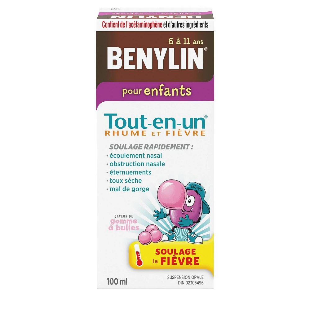 BENYLIN® Children's All-In-One Cold and Fever Liquid, Daytime,  Relieves Cold & Fever symptoms, 100mL, Bubble Gum Flavour, For ages 6-11yrs, 100 mL