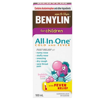 BENYLIN® Children's All-In-One Cold and Fever Liquid, Daytime,  Relieves Cold & Fever symptoms, 100mL, Bubble Gum Flavour, For ages 6-11yrs, 100 mL