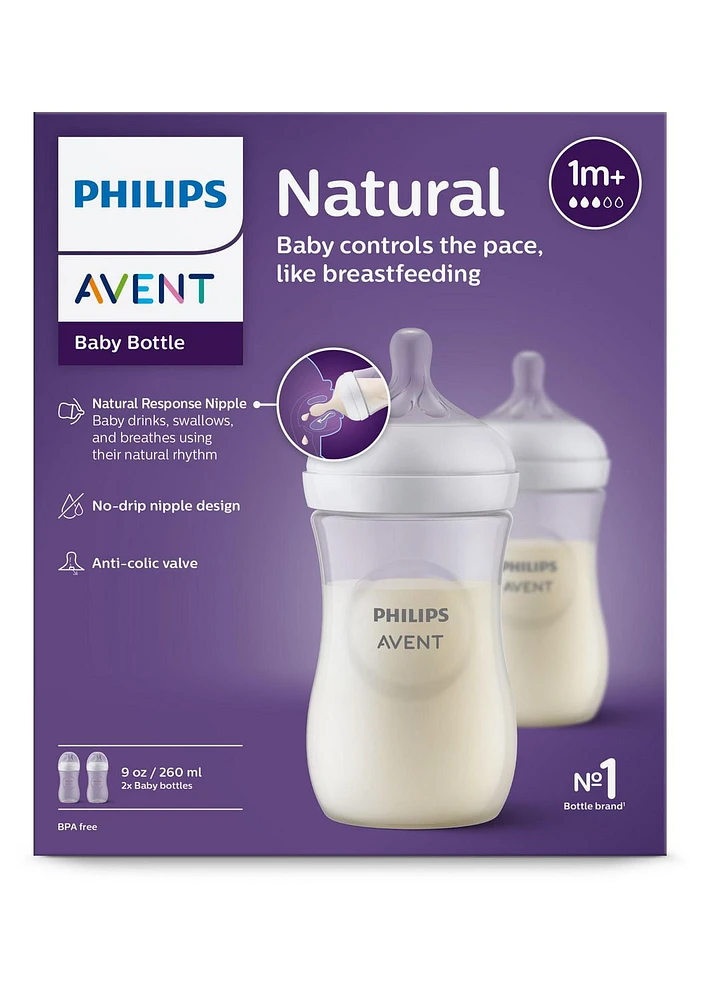 Philips Avent Natural Baby Bottle With Natural Response Nipple, Clear, 9oz, 2 pack, SCY903/02