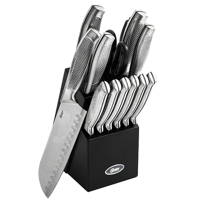 Oster Edgefield 14 Piece Cutlery Set W/Wood Block - Black - Brushed