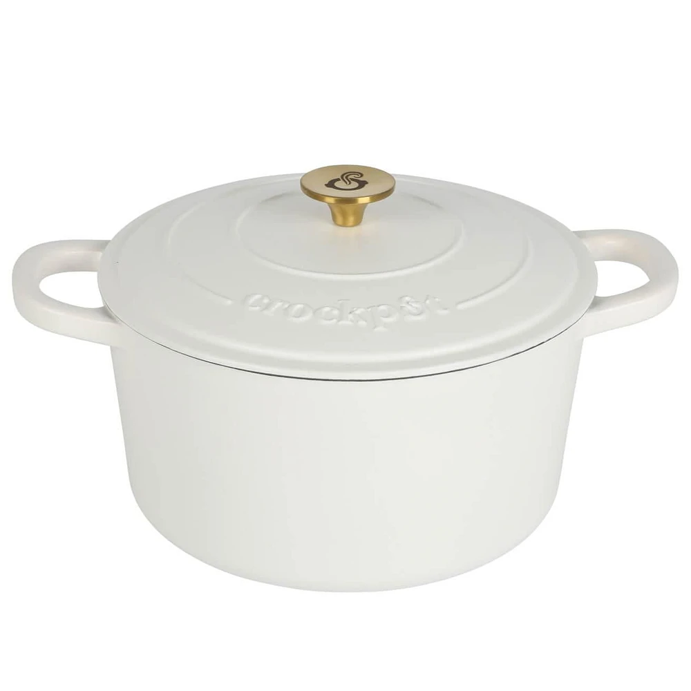 Crock-Pot Artisan 5 Qt Enameled Cast Iron Dutch Oven w/Lid & SS Gold Knob, Matte Linen, Round