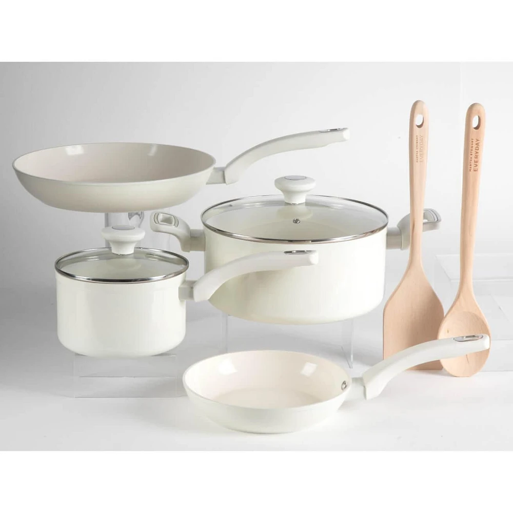 Martha Stewart Everyday Rexford 8 Piece Aluminum Cookware Set W/ Kitchen Tools - Linen - Ceramic Nonstick - Induction Base - Soft Touch Handle - Forged Aluminum - 2.5 mm - GBX W/ Remailer