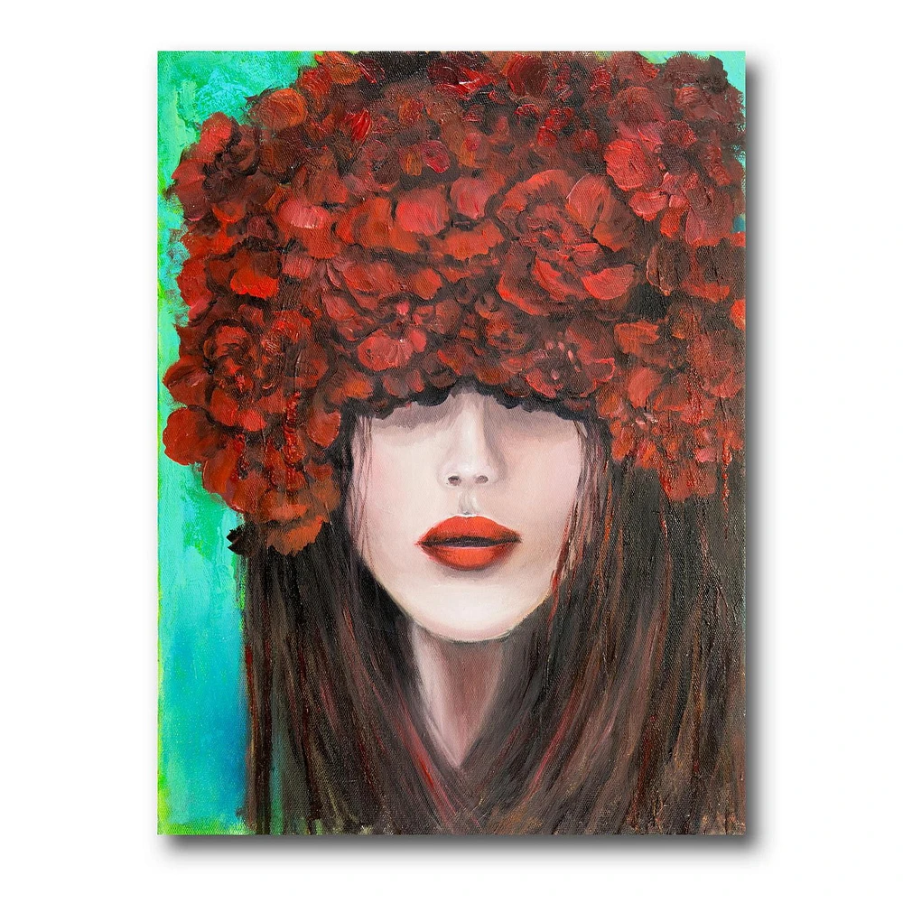 Designart Portrait Of A Young Woman With Red Flowers Canvas Wall Art