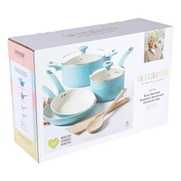 Martha Stewart Everyday Rexford 8 Piece Aluminum Cookware Set W/ Kitchen Tools - Teal - Ceramic Nonstick - Induction Base - Soft Touch Handle - Forged Aluminum - 2.5 mm - GBX W/ Remailer