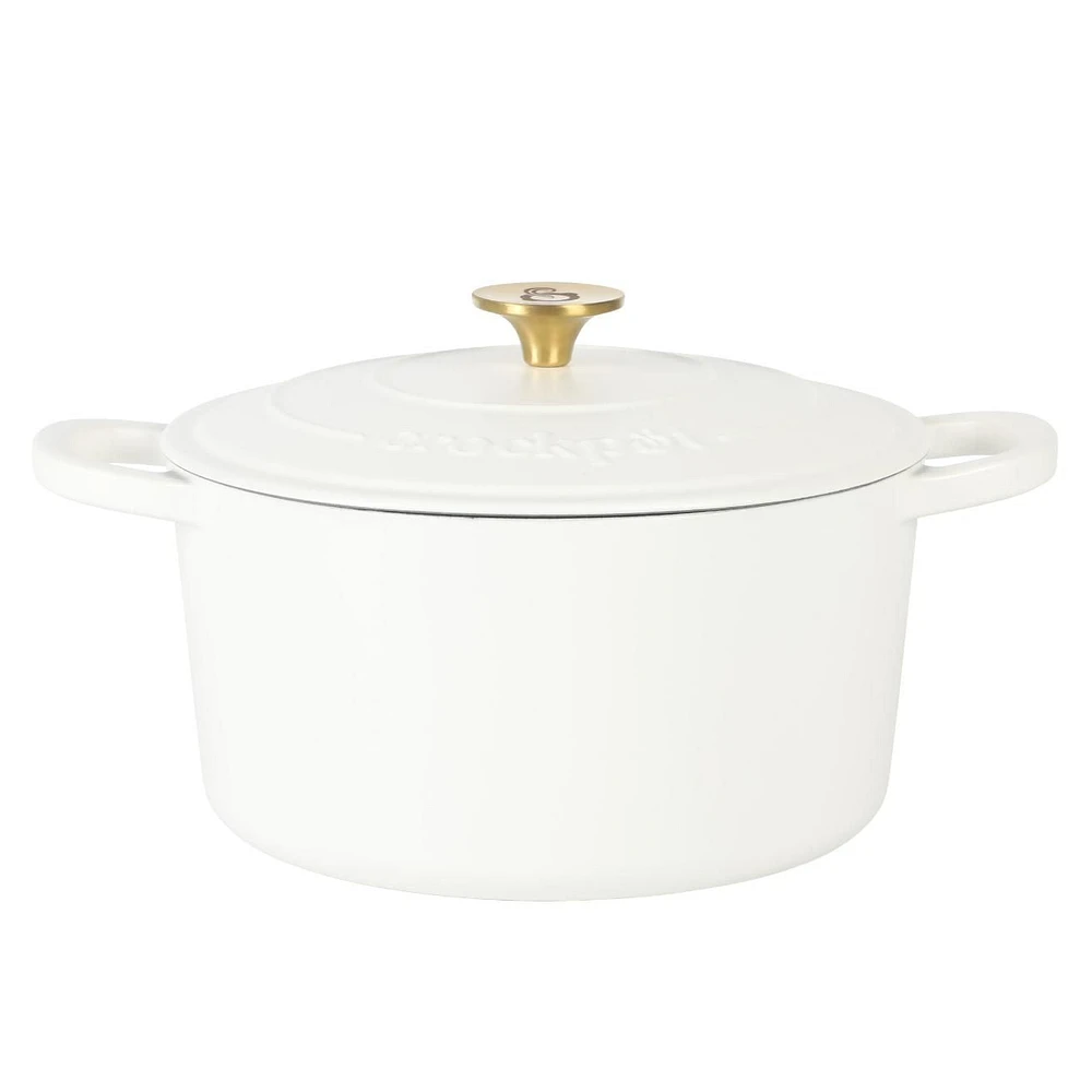 Crock-Pot Artisan 5 Qt Enameled Cast Iron Dutch Oven w/Lid & SS Gold Knob, Matte Linen, Round