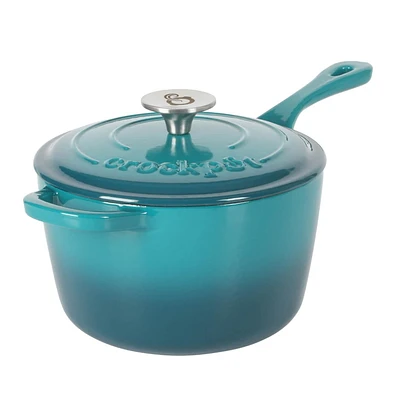 Crock-Pot Artisan 3 Qt Enameled Cast Iron Saucepan w/Lid, Teal Ombre, Round