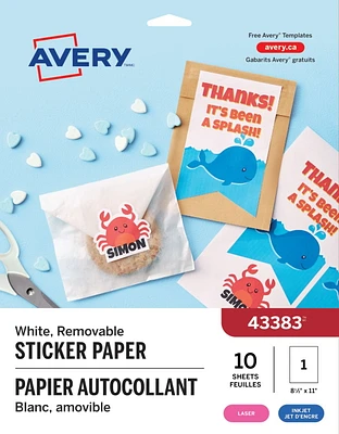 Avery Papier Autocollant, 11 po x 8 ½ po, pour imprimantes à jet d'encre - 43383 8-1/2" x 11" ,  JET D'ENCRE