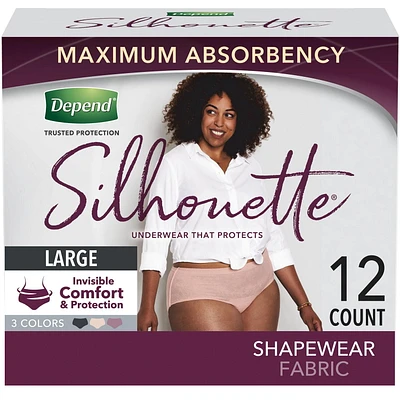 Depend Silhouette Adult Incontinence Underwear for Women, Maximum Absorbency, Large, Pink/Black/Berry, 12 Count