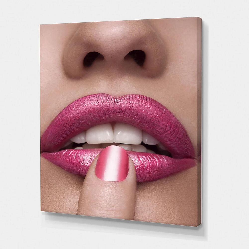 Designart Pink Woman Lips With Finger On Mouth Canvas Wall Art