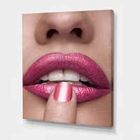 Designart Pink Woman Lips With Finger On Mouth Canvas Wall Art