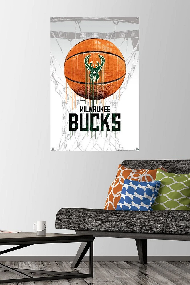 NBA Milwaukee Bucks - Drip Ball 20 Wall Poster, 22.375" x 34" Framed