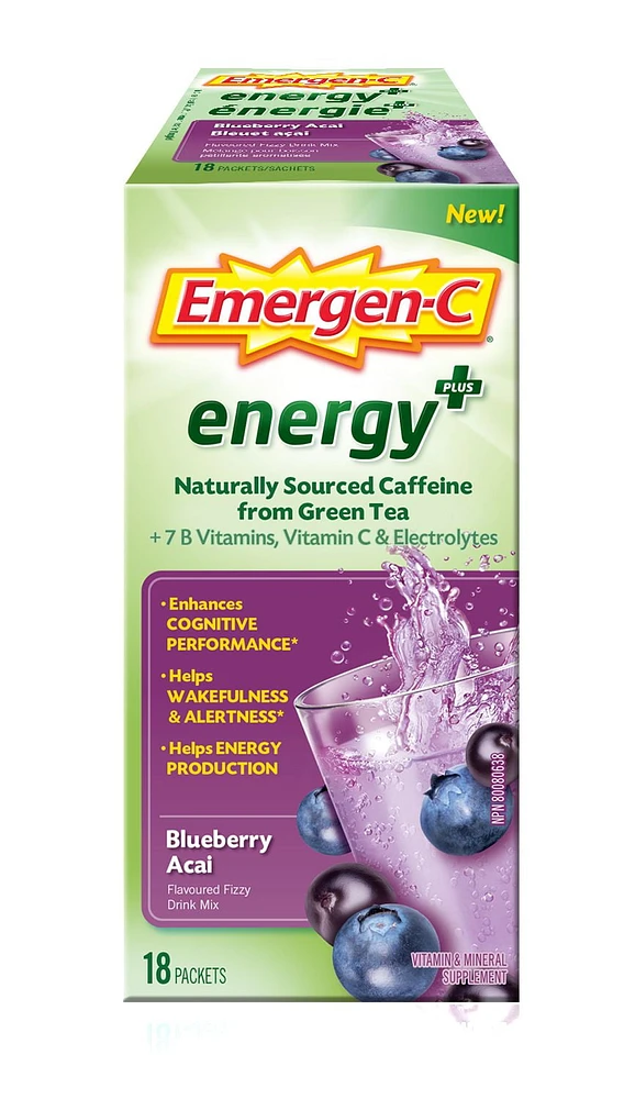 Emergen-C Energy+ (18 Count) Blueberry Acai Flavor, Naturally Sourced Caffeine