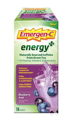 Emergen-C Energy+ (18 Count) Blueberry Acai Flavor, Naturally Sourced Caffeine