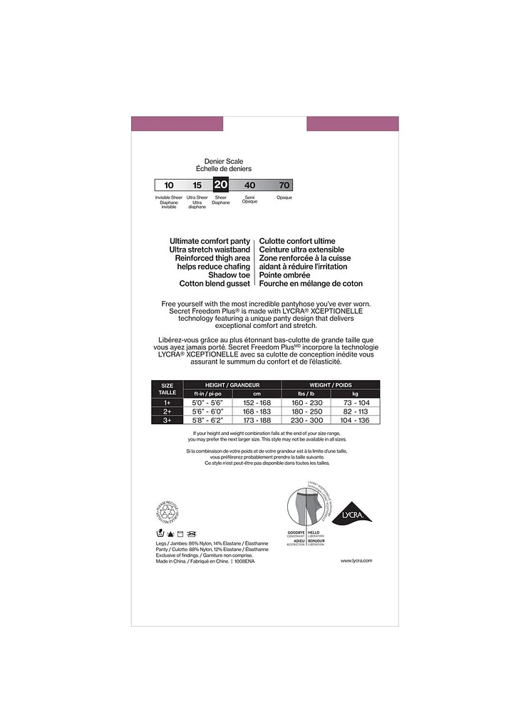 Secret® Freedom Plus Ultra Extensible Bas-Culotte 1pk Taille 1X à 3X