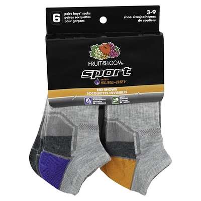 Fruit of the Loom Boys No Show Socks - 6 Pack - Sz 3-9