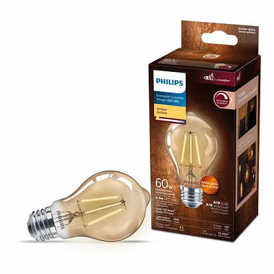 PHILIPS 4.5W (40W) A19 Medium Base Amber Dimmable Vintage LED Light Bulb, PHL LED 40W A19 VNT