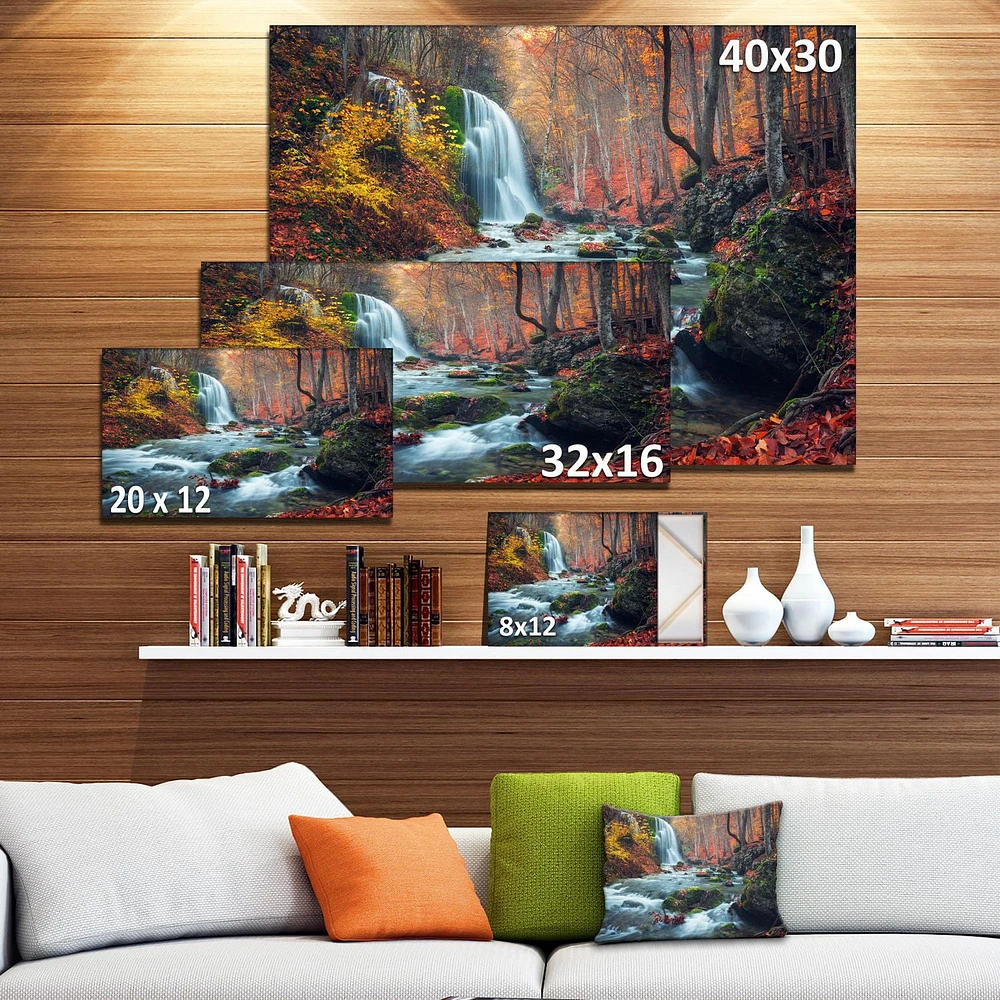 Designart Autumn Mountain Waterfall Long View Canvas Wall Art