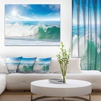 Designart White and Blue Waves under Sun Canvas Wall Art