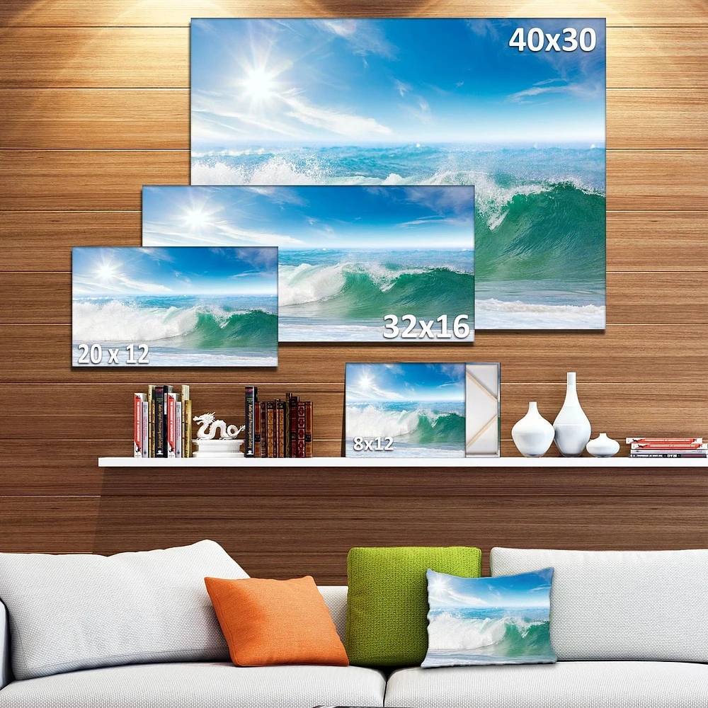 Designart White and Blue Waves under Sun Canvas Wall Art