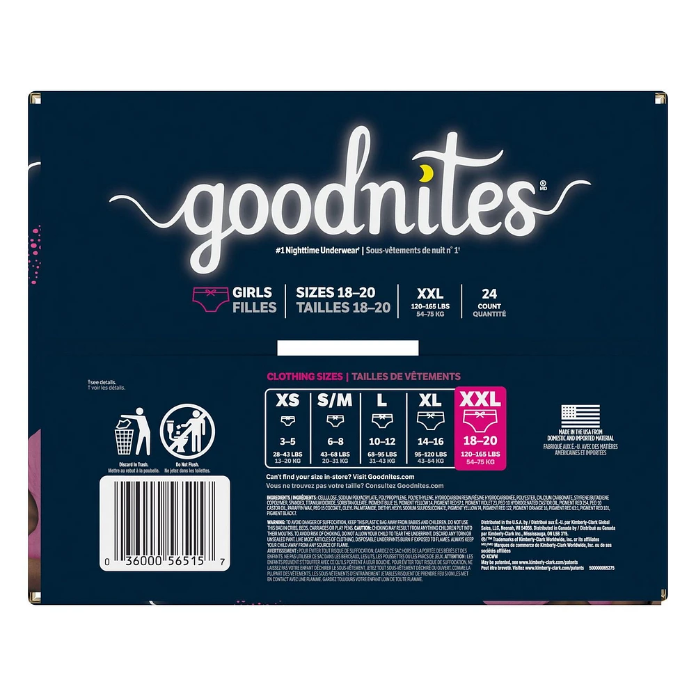 Sous-vêtements de nuit Goodnites pour filles, TG (43 à 64 kg [95 à 140 livres] et plus), 24 sous-vêtements Taille XXL, 24 unités