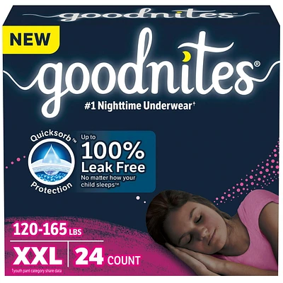 Sous-vêtements de nuit Goodnites pour filles, TG (43 à 64 kg [95 à 140 livres] et plus), 24 sous-vêtements Taille XXL, 24 unités