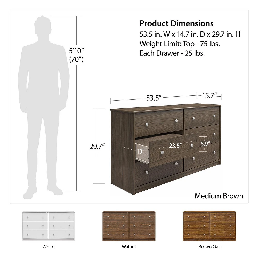 Ameriwood Home Ellwyn 6 Drawer Wide Dresser, White