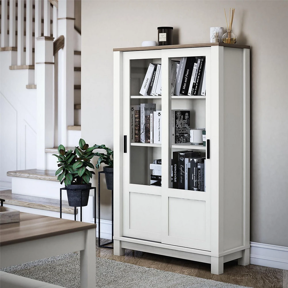 Ameriwood Home Chapel Hill Rustic Farmhouse Bookcase Cabinet with Sliding Glass Doors, White with Brown Oak Top