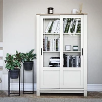 Ameriwood Home Chapel Hill Rustic Farmhouse Bookcase Cabinet with Sliding Glass Doors, White with Brown Oak Top