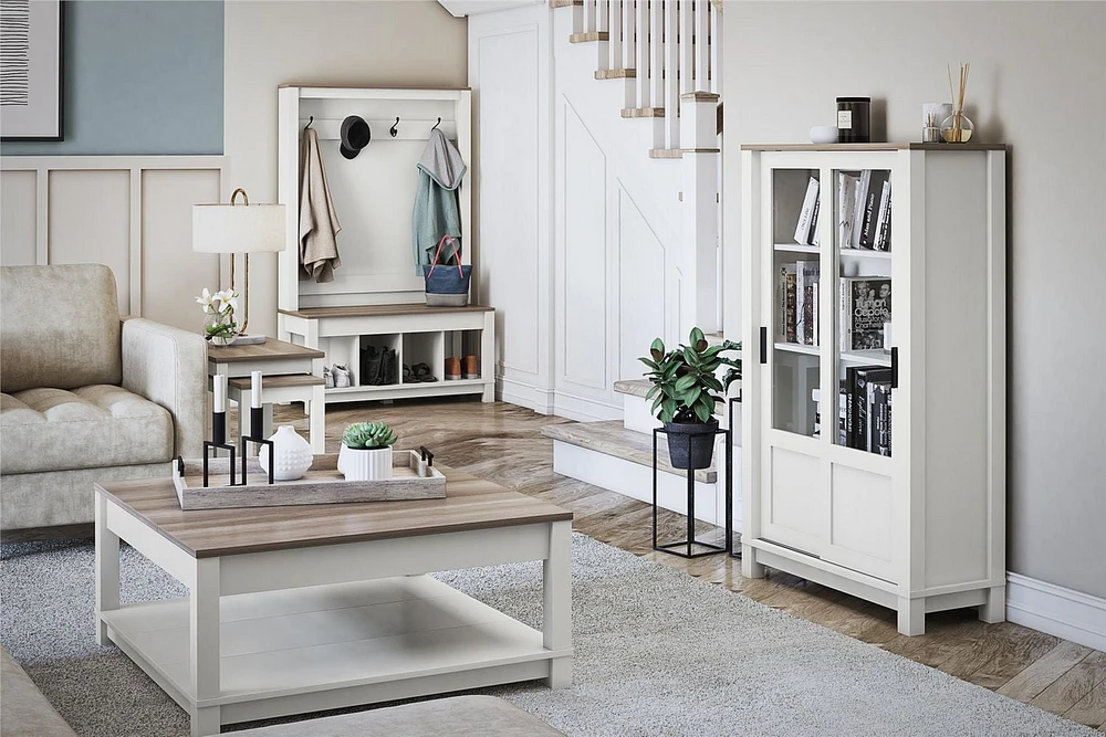 Ameriwood Home Chapel Hill Rustic Farmhouse Bookcase Cabinet with Sliding Glass Doors, White with Brown Oak Top