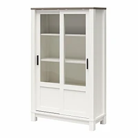 Ameriwood Home Chapel Hill Rustic Farmhouse Bookcase Cabinet with Sliding Glass Doors, White with Brown Oak Top