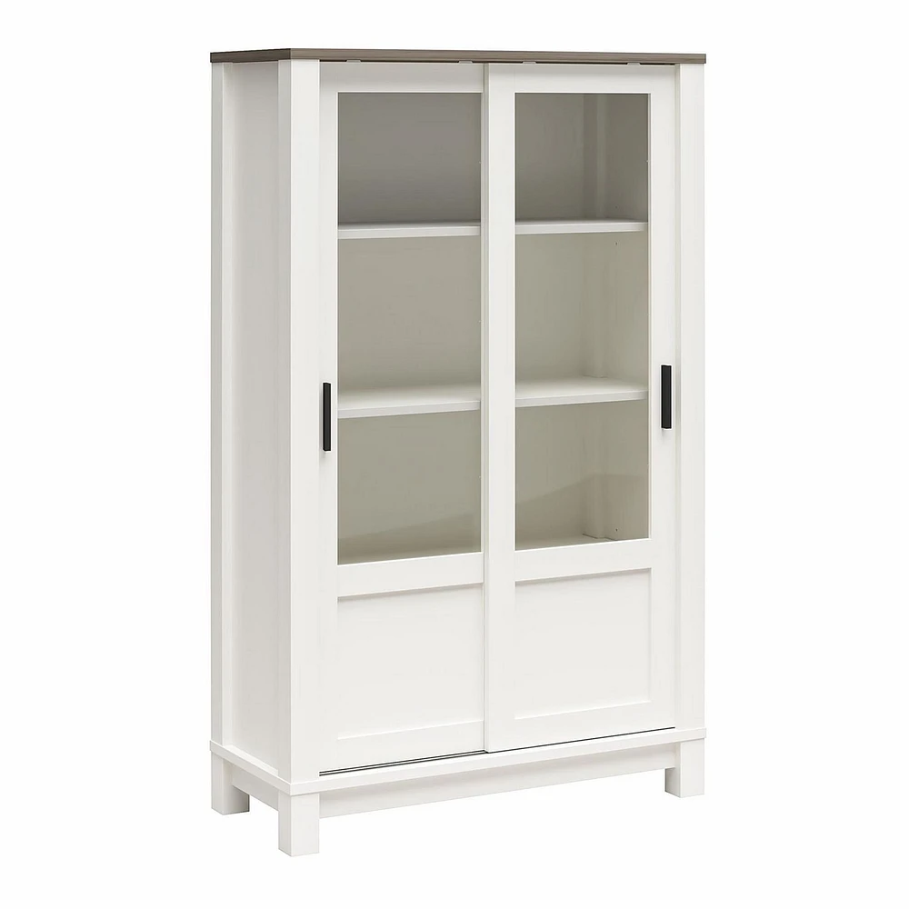 Ameriwood Home Chapel Hill Rustic Farmhouse Bookcase Cabinet with Sliding Glass Doors, White with Brown Oak Top