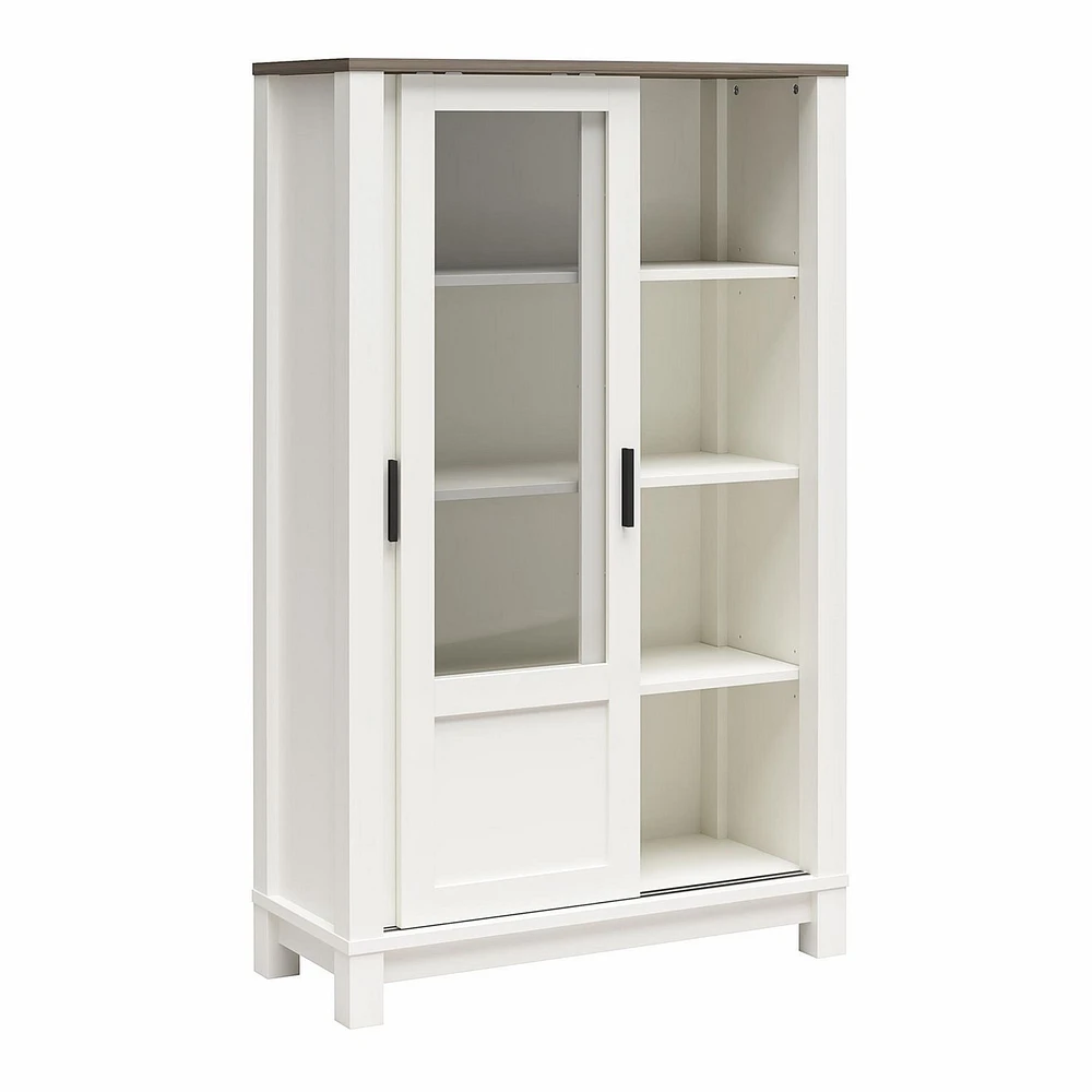 Ameriwood Home Chapel Hill Rustic Farmhouse Bookcase Cabinet with Sliding Glass Doors, White with Brown Oak Top