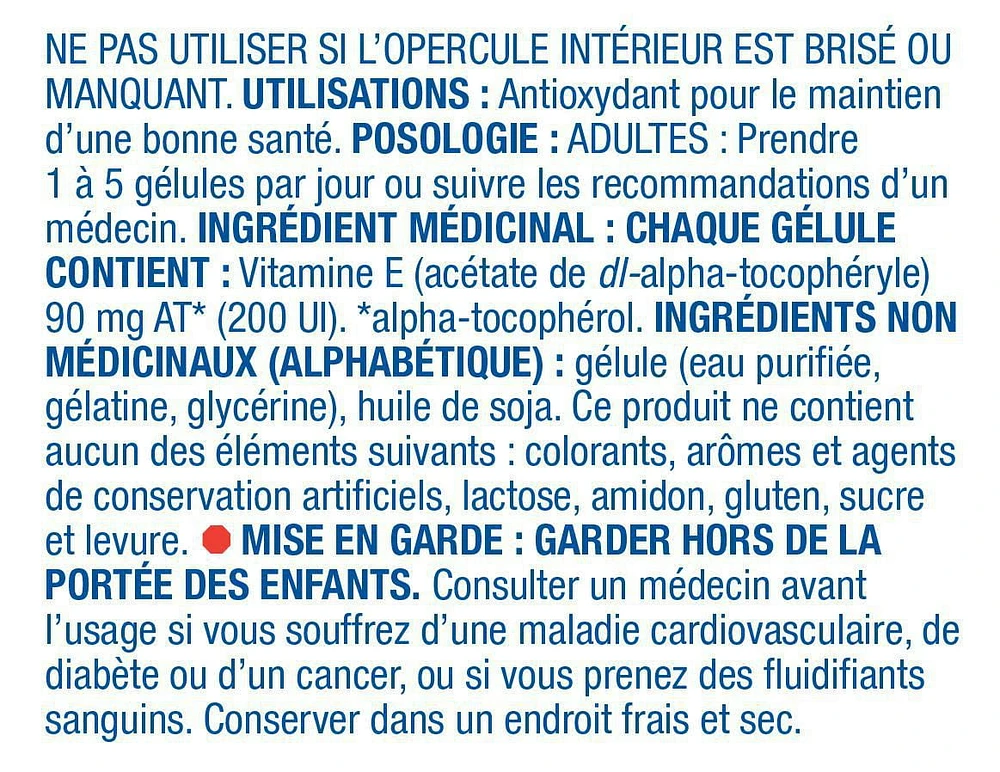 Equate vitamine E 200 UI 100 gélules