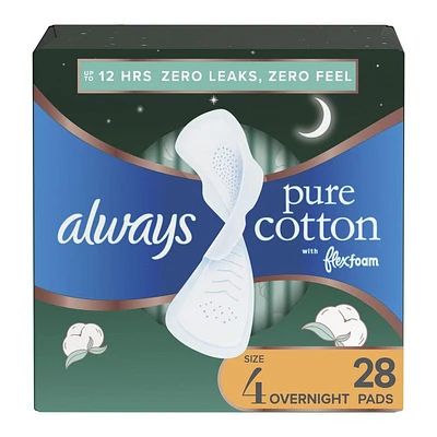 Always Pure Cotton Feminine Pads for Women, Size 4, Overnight, with wings, Unscented