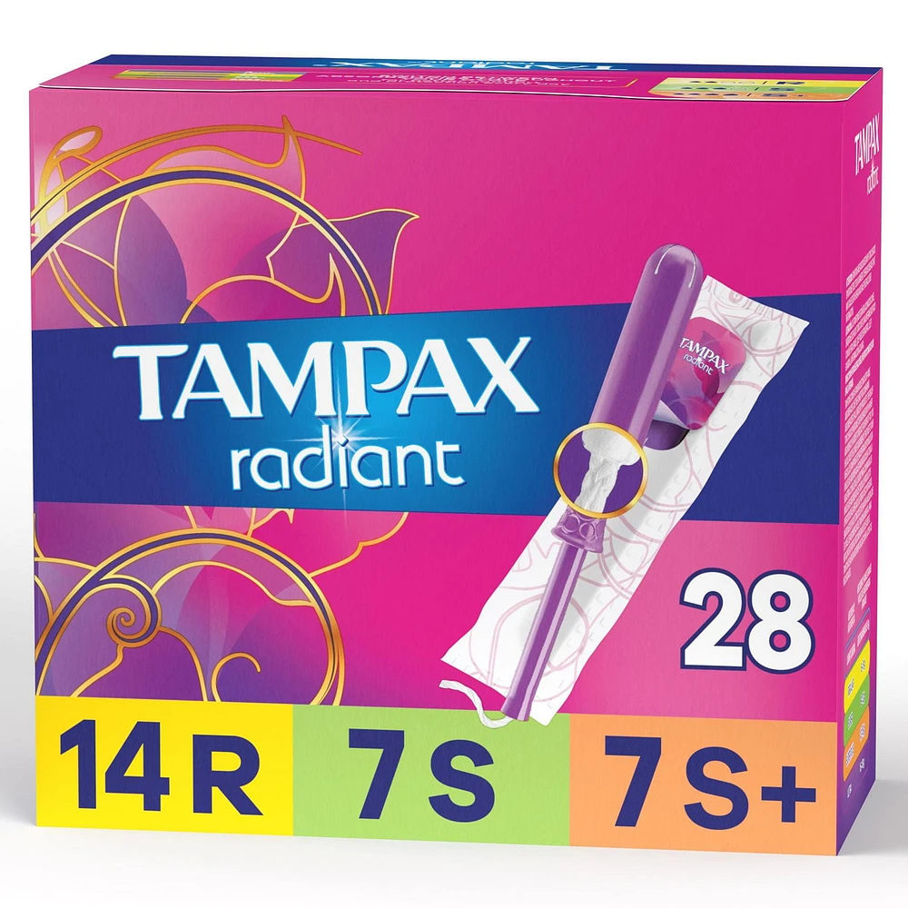 Tampax Radiant Tampons Trio Pack, Regular/Super/Super Plus Absorbency with BPA-Free Plastic Applicator and LeakGuard Braid, Unscented