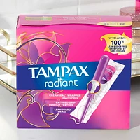 Tampax Radiant Tampons Trio Pack, Regular/Super/Super Plus Absorbency with BPA-Free Plastic Applicator and LeakGuard Braid, Unscented