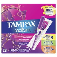 Tampax Radiant Tampons Trio Pack, Regular/Super/Super Plus Absorbency with BPA-Free Plastic Applicator and LeakGuard Braid, Unscented