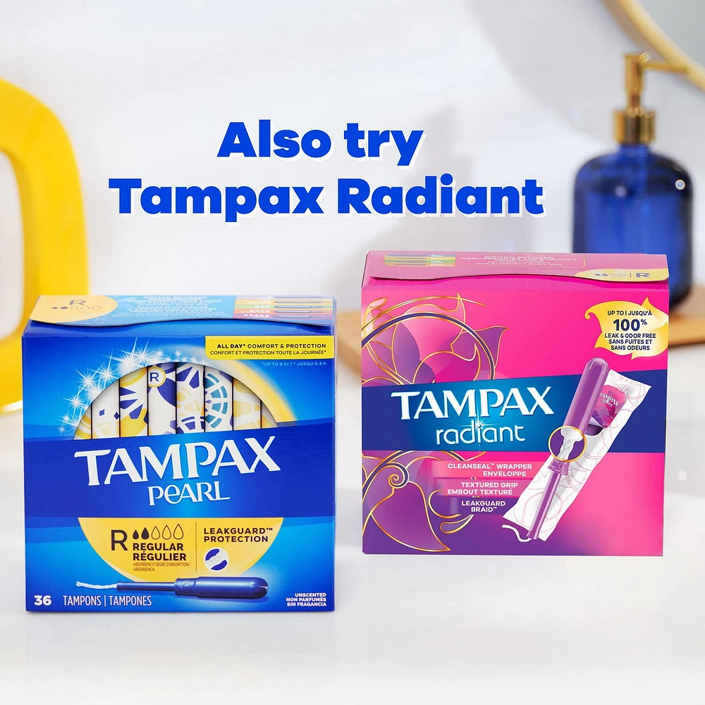 Tampax Pearl Tampons Trio Multipack, with LeakGuard Braid, Regular/Super/Super Plus Absorbency, Unscented.