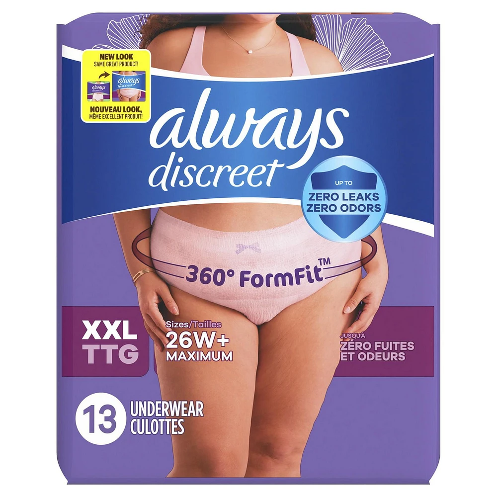 Always Discreet Adult Incontinence Underwear for Women and Postpartum Underwear, XXL, Up to 100% Bladder Leak Protection,, 13CT