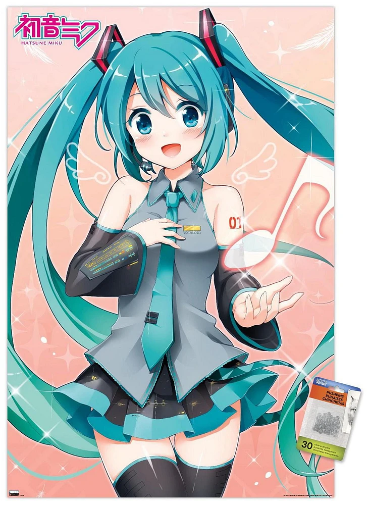 Hatsune Miku - Music Note Wall Poster with Push Pins, 14.725" x 22.375"