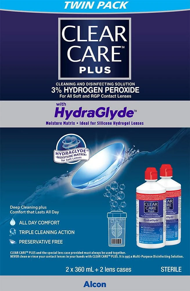 CLEAR CARE® Plus With HydraGlyde Contact Lens Solution, Twin Pack Cleaning & Disinfecting Solution With Hydrogen Peroxide, Twin Pack 2 x 360 ml